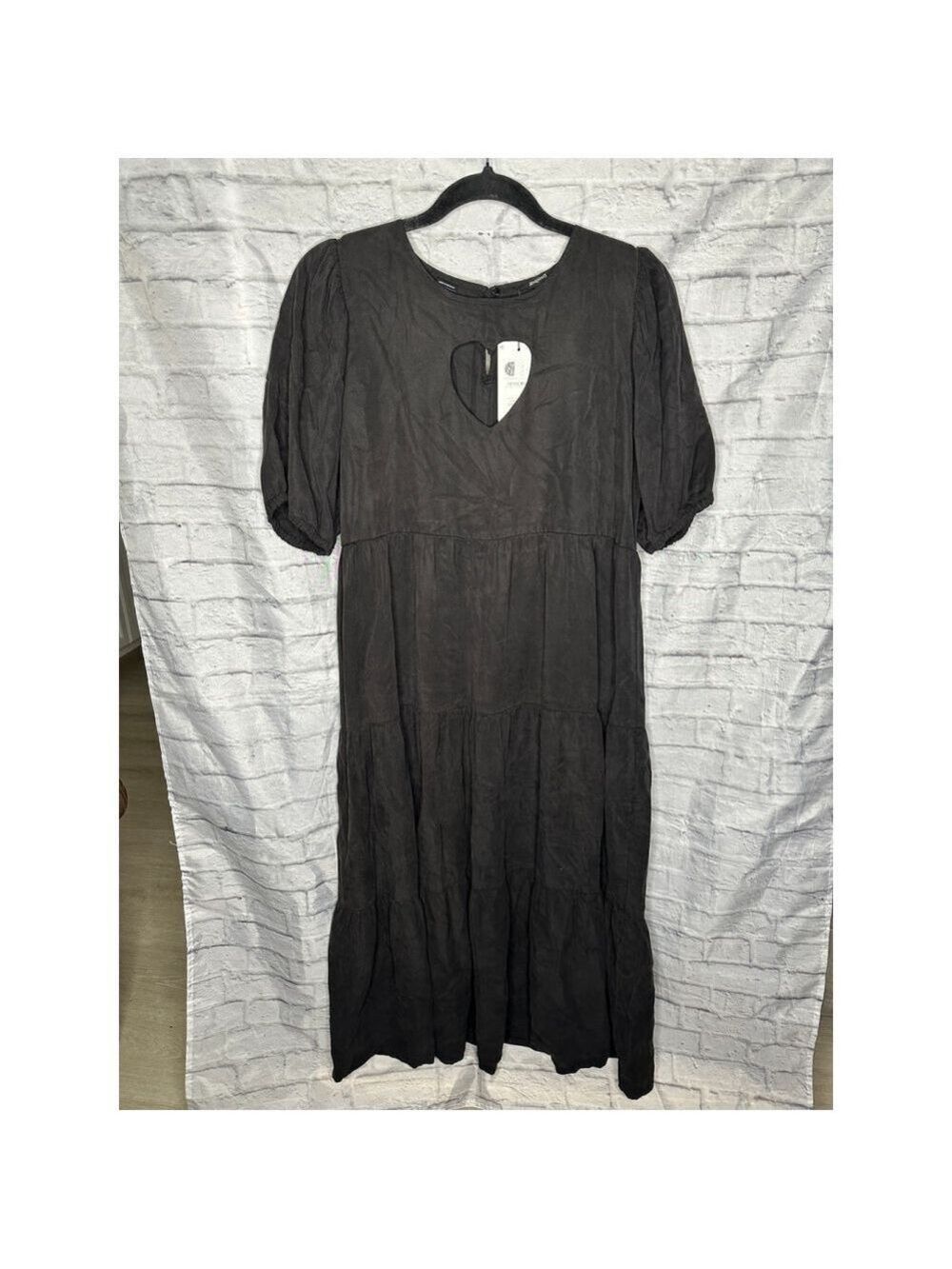 NWT Desigual Black Tiered Midi Dress Puff Sleeve Heart Cutout Size US M - Picture 2 of 8
